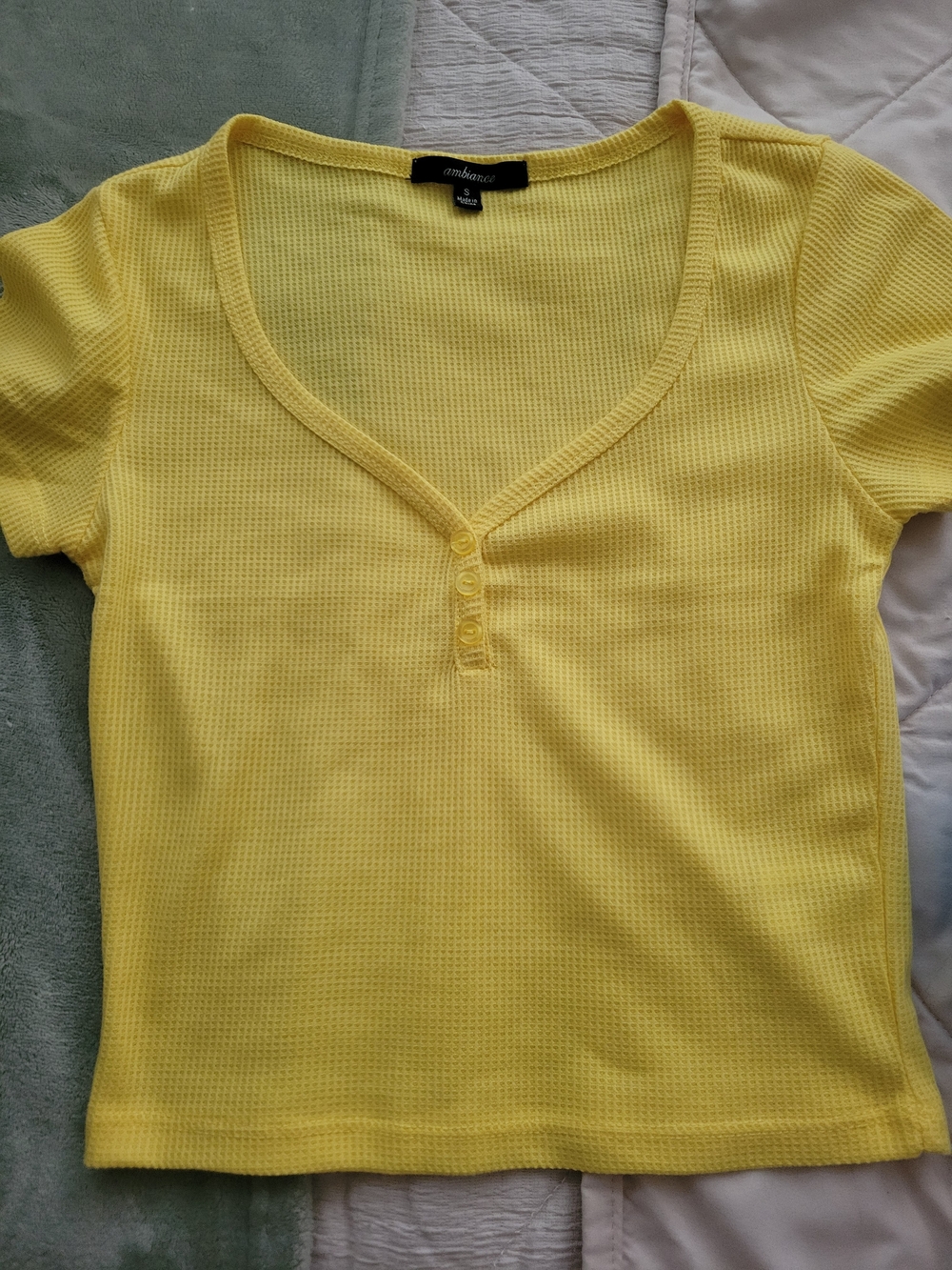 Ambiance Sunny Yellow Ribbed V-Neck Short Sleeve Top